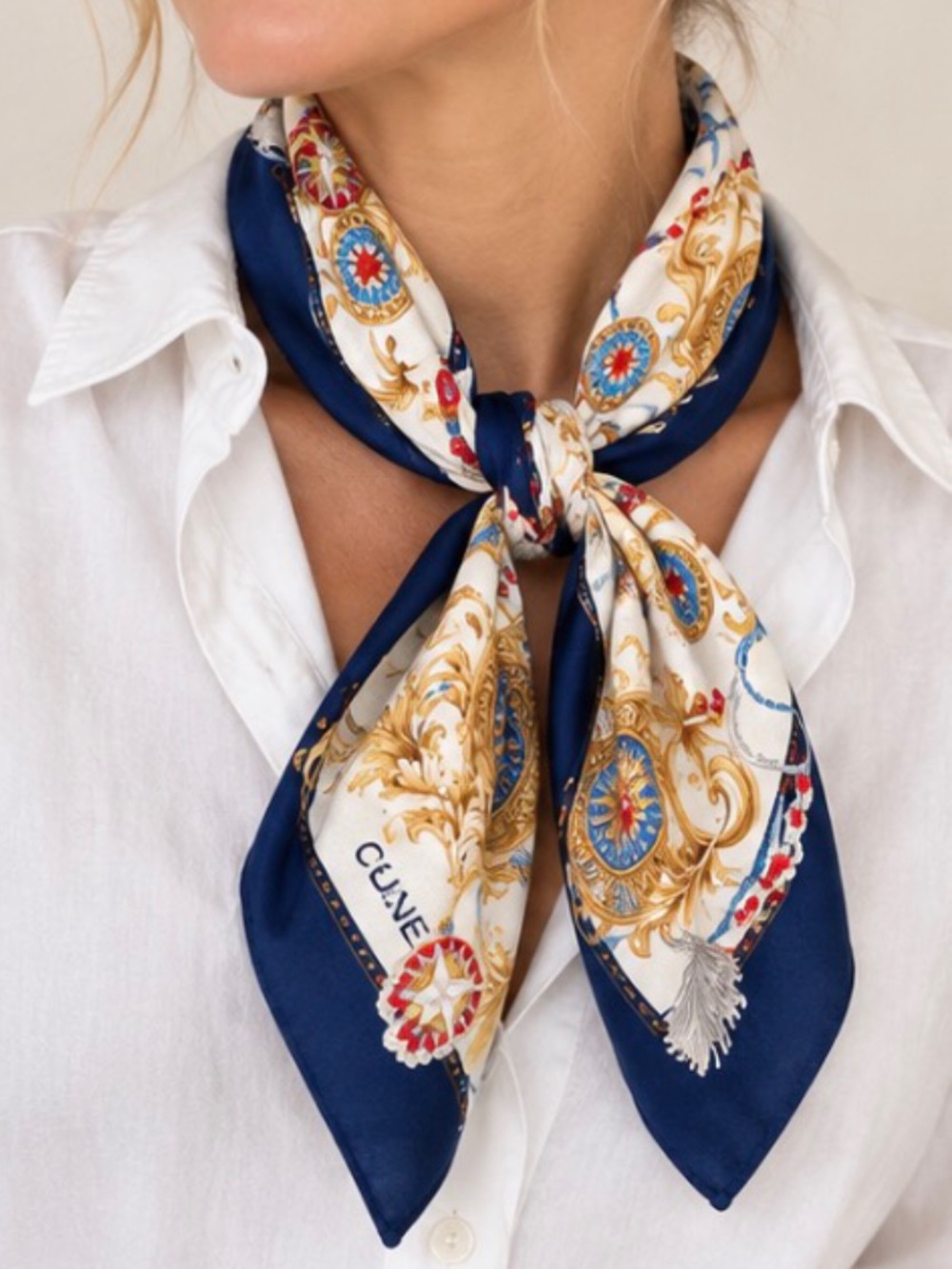 Celine Navy, Cream & Gold Baroque Scarf with Red Accents
